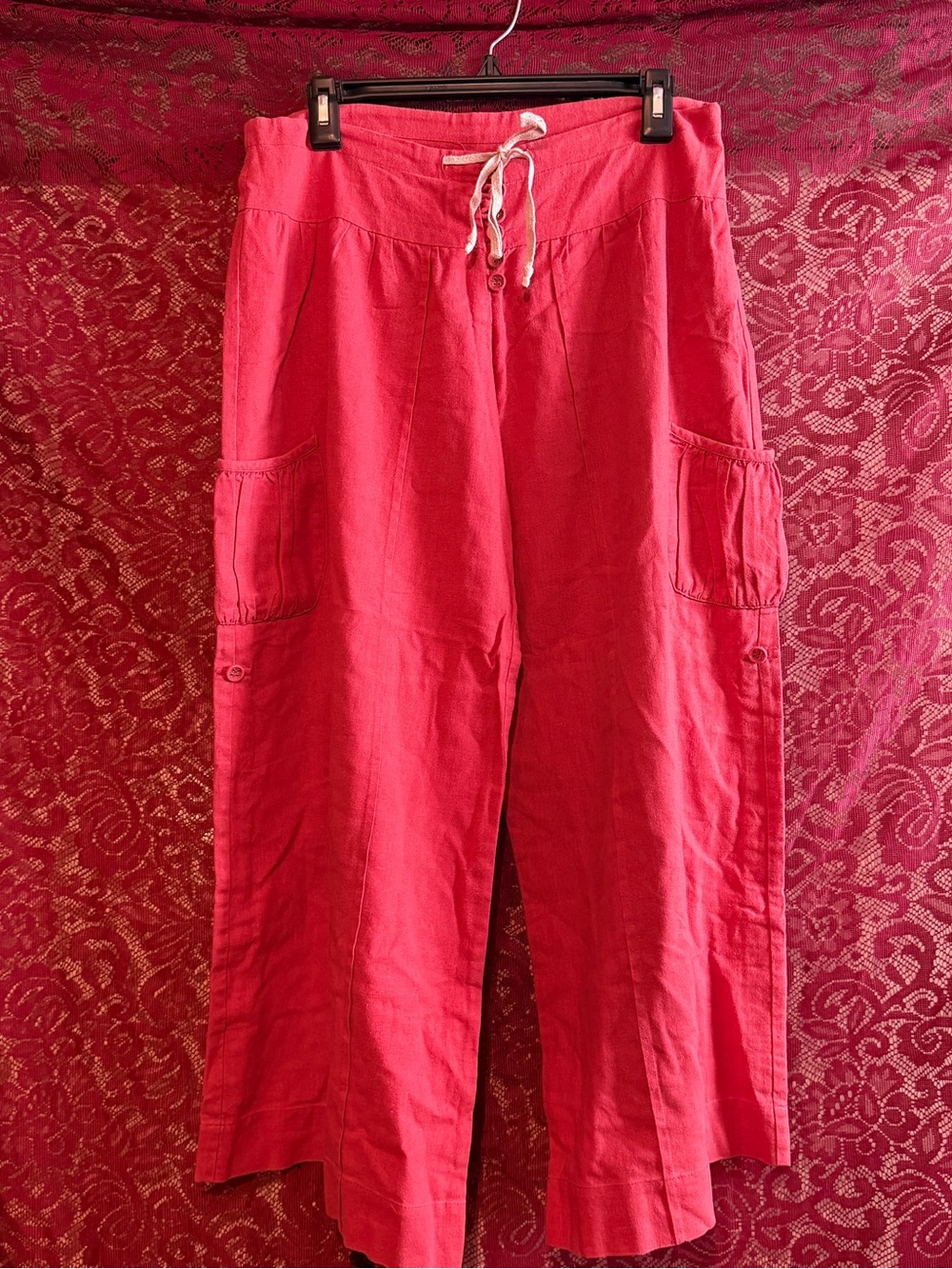 Boho Coral Pink Linen Cargo Wide Leg Pants Drawstring Relaxed Fit
